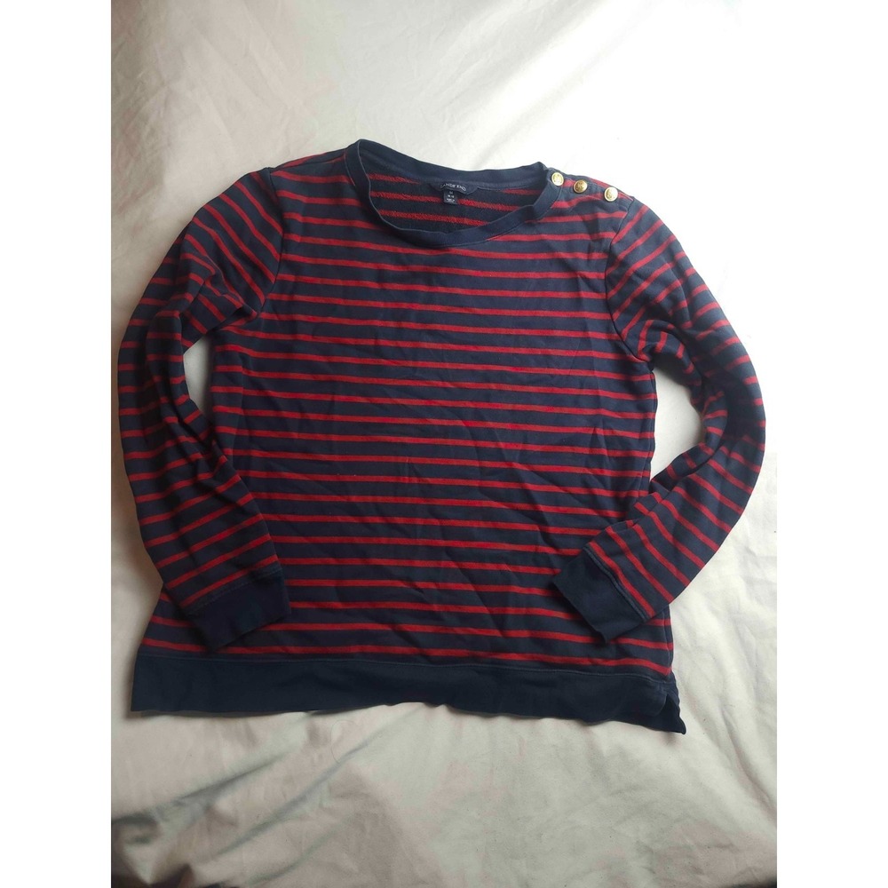 Lands End Sweatshirt Womens Medium Blue Red Fleece Stripe Preppy Heritage Casual